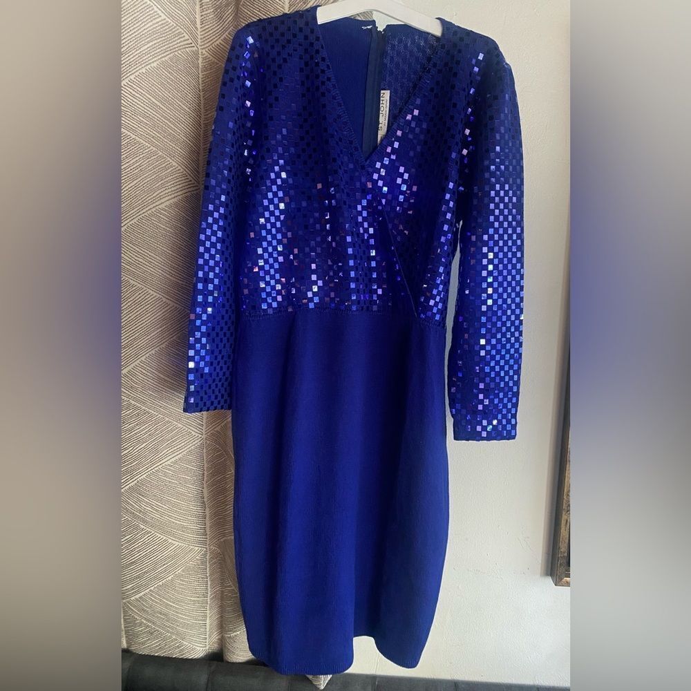 ST.JOHN EVENING SEQUIN DRESS LONG SLEEVE PURPLE Removable Belt Size 6 VINTAGE